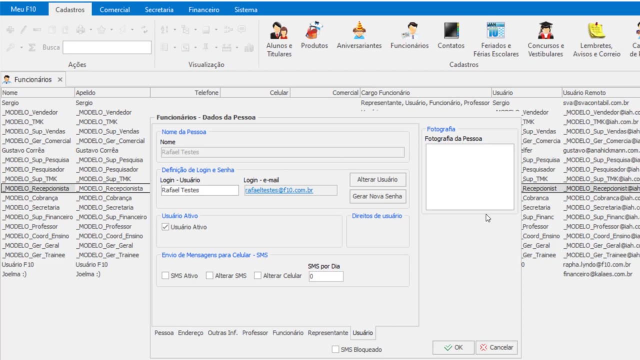Login preenchido no formulário do funcionário