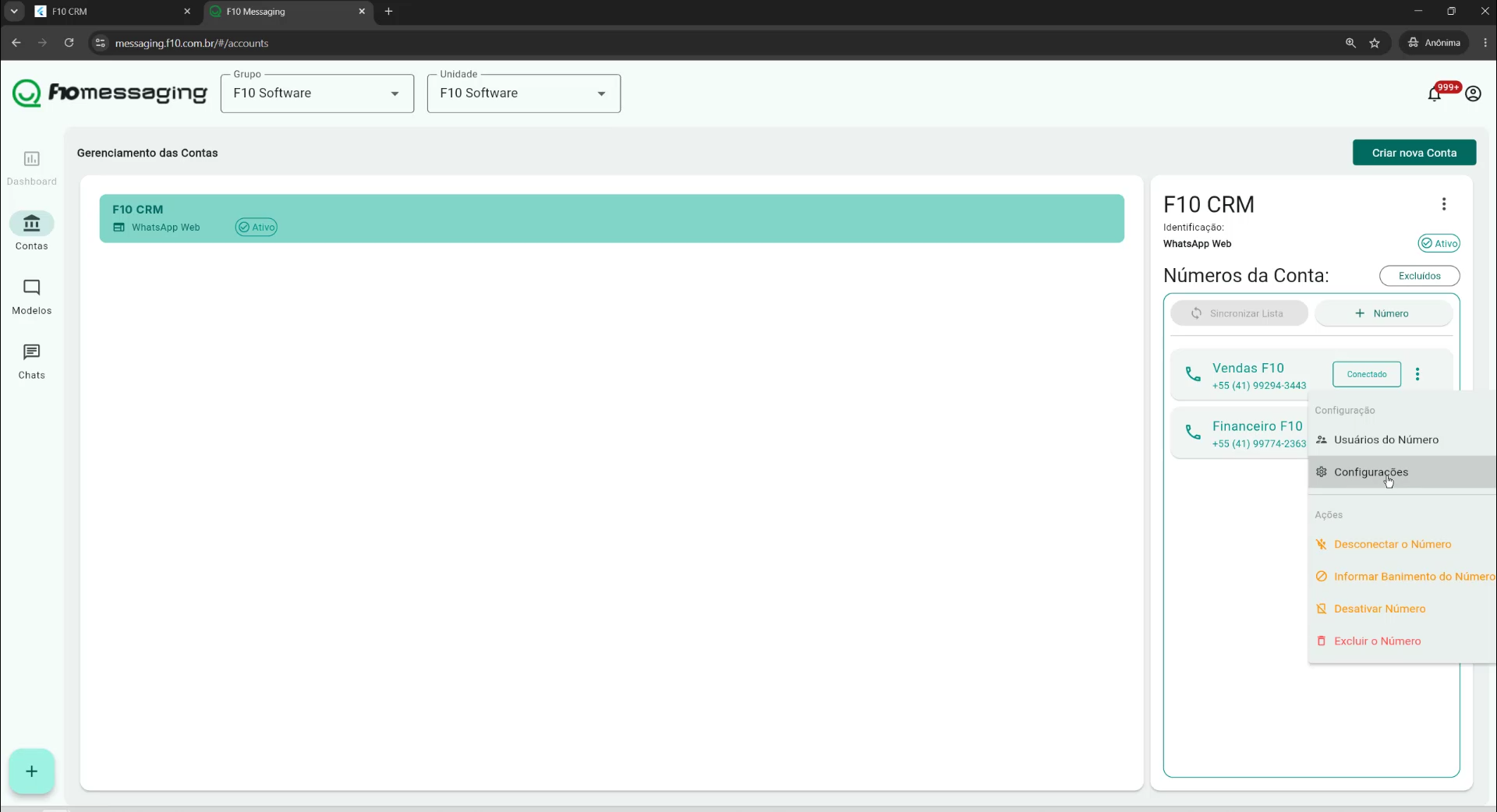 Abrir as configurações do número de WhatsApp