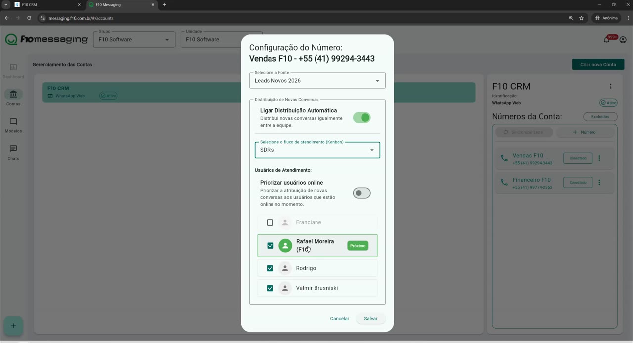 Ativar distribuição automática e definir o funil