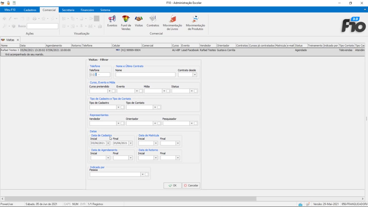 Filtro por data com intervalo aplicado e resultados exibidos