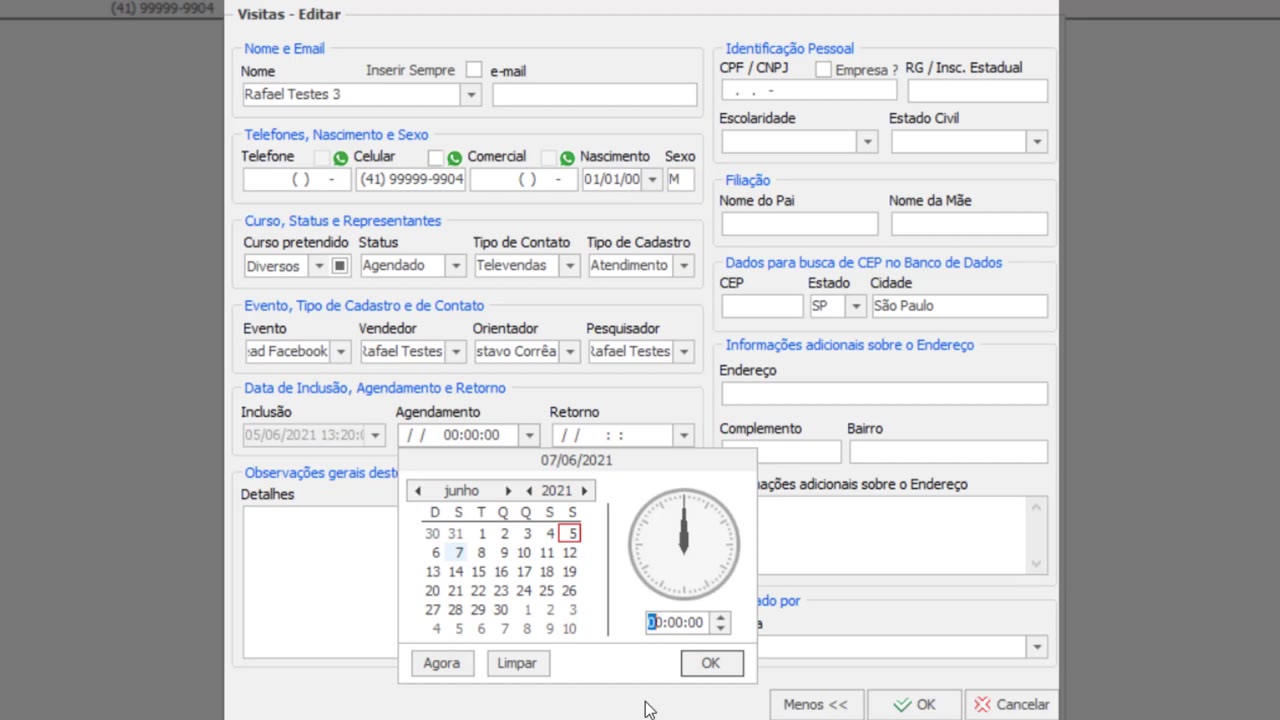 Data de inclusão não editável e agendamento configurado
