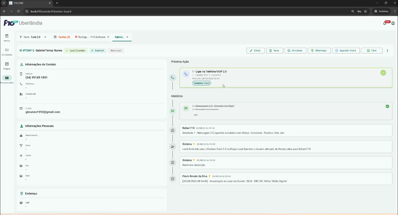 Detalhe da próxima atividade agendada com data e hora