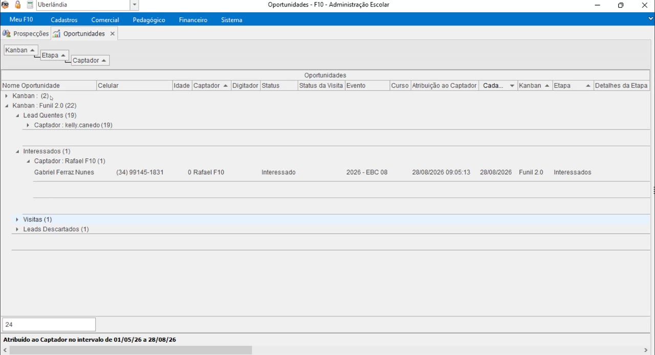 Visão do Kanban com colunas Liga de quente, Interessados e Visitas