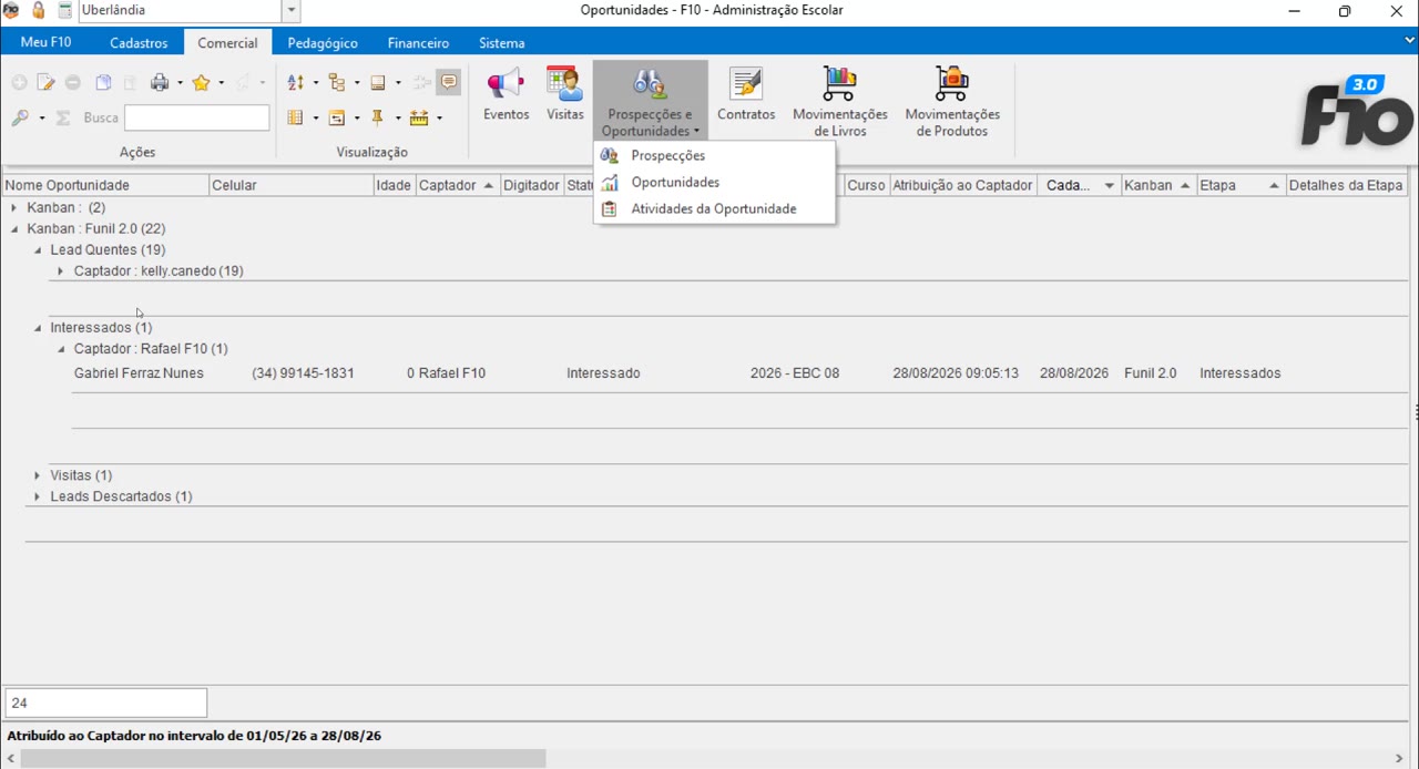 Tela mostrando a opção Oportunidades e a área do Kanban
