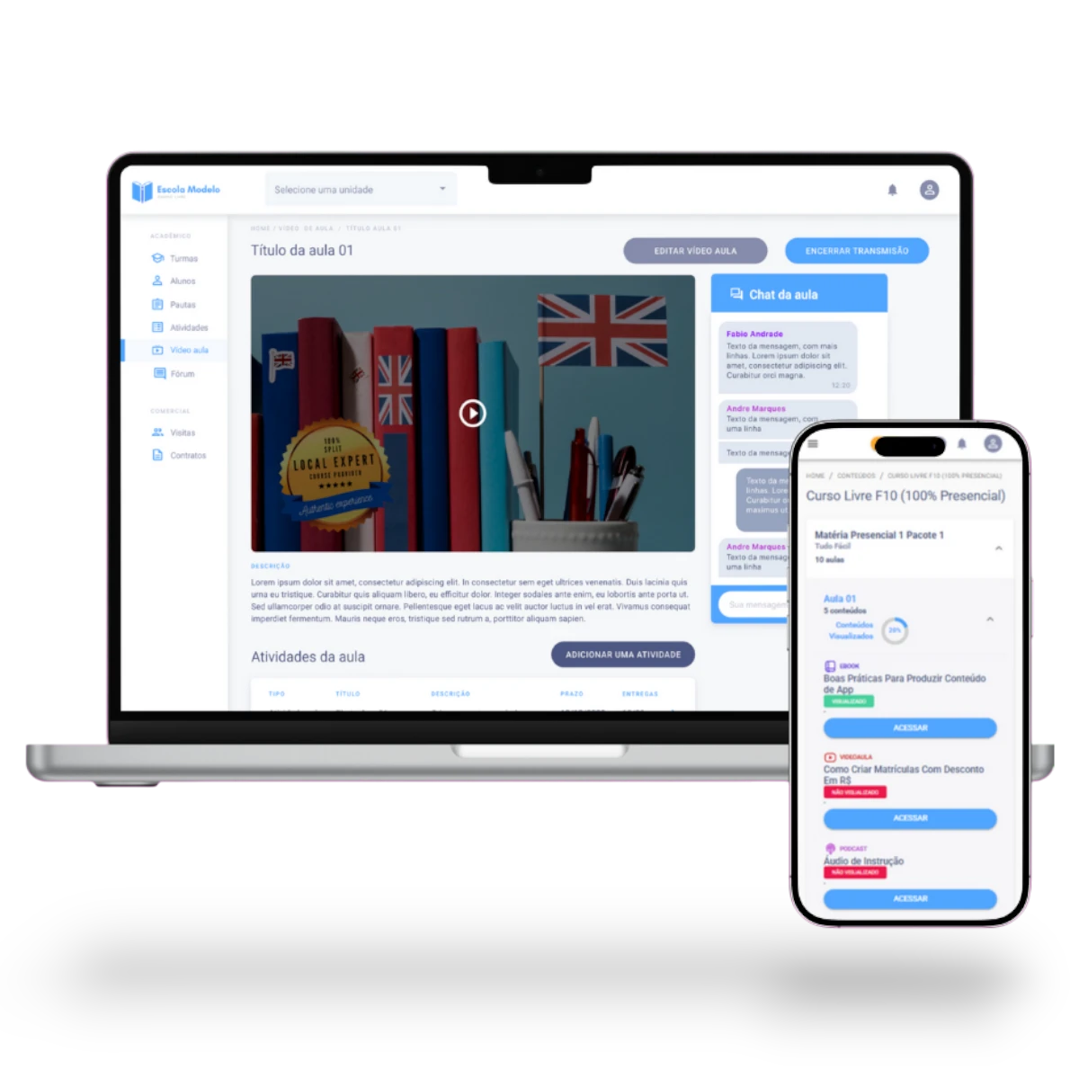 Telas do AVA F10, Portal do Aluno em notebook e smartphone.