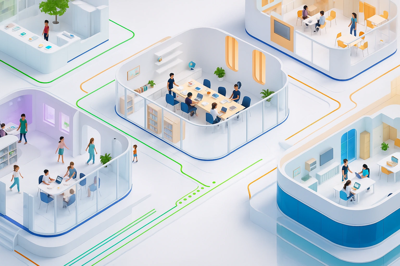 Ambiente educacional tecnológico com pessoas colaborando