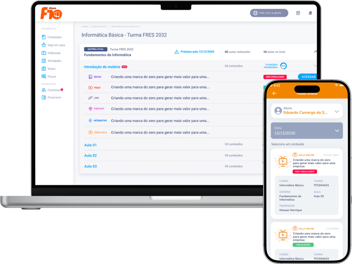 Telas do F10 Smart Aluno em smartphones e no portal web