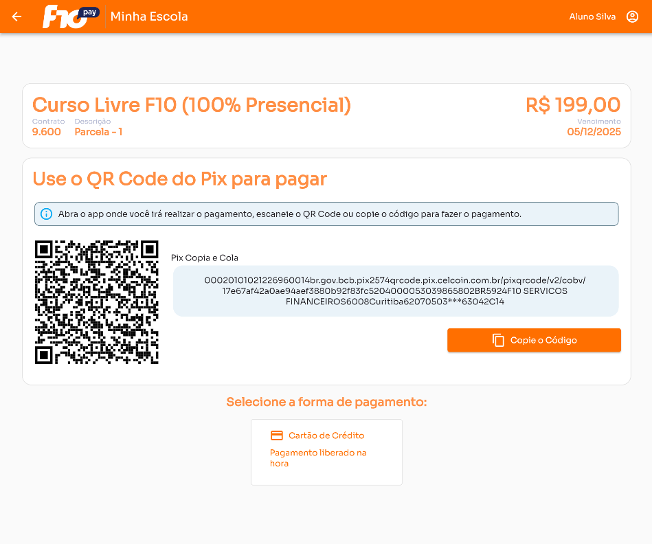 Tela do financeiro do Portal do Aluno F10 com boletos, Pix e situação das parcelas.