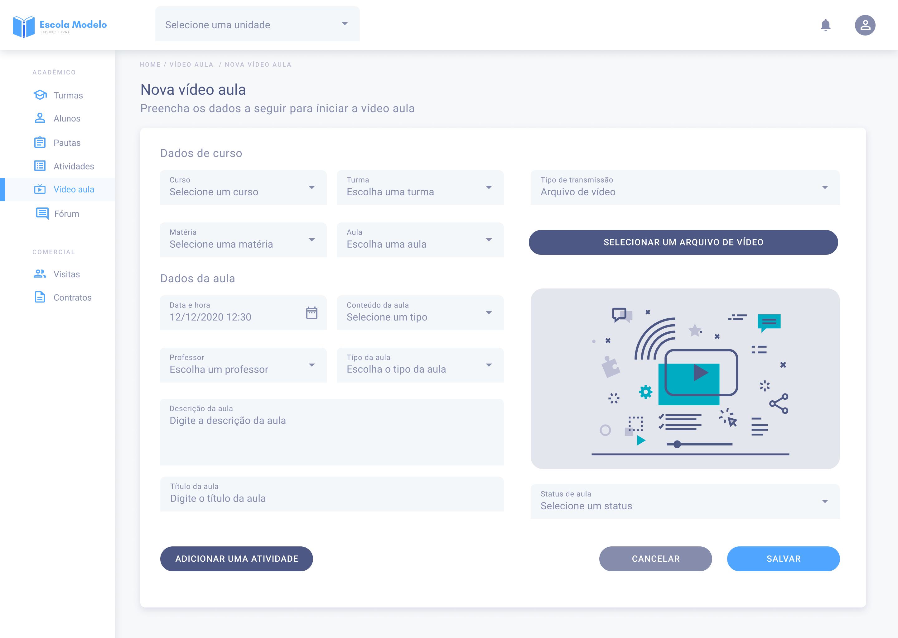 Tela de criação de videoaula no AVA F10, com formulário completo para configurar uma nova aula.