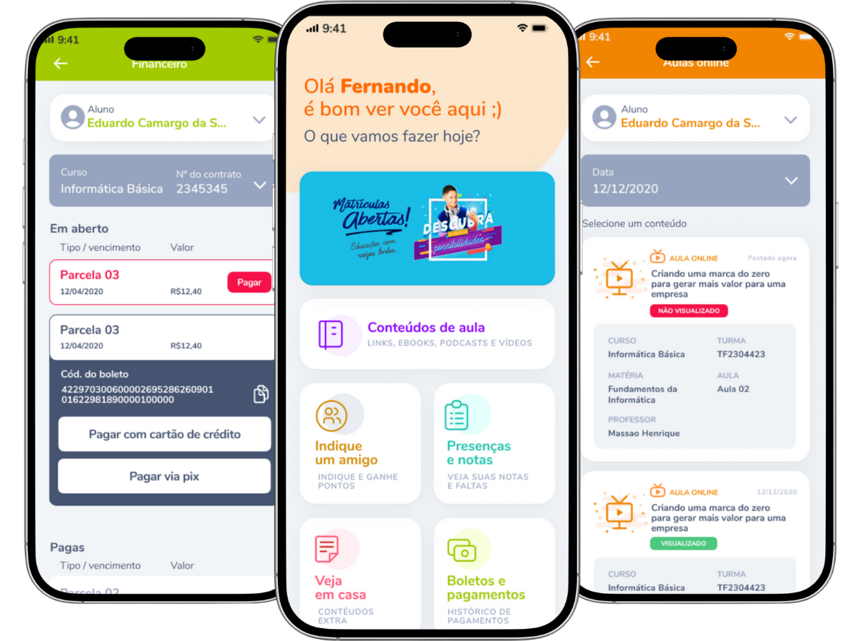 Telas do F10 Smart Aluno em smartphones com conteúdos, notificações, notas e financeiro