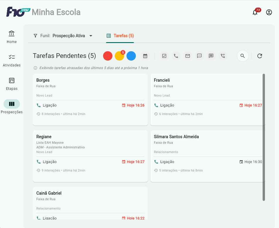 Painel de atividades do F10 CRM com tarefas, agenda e notificações comerciais