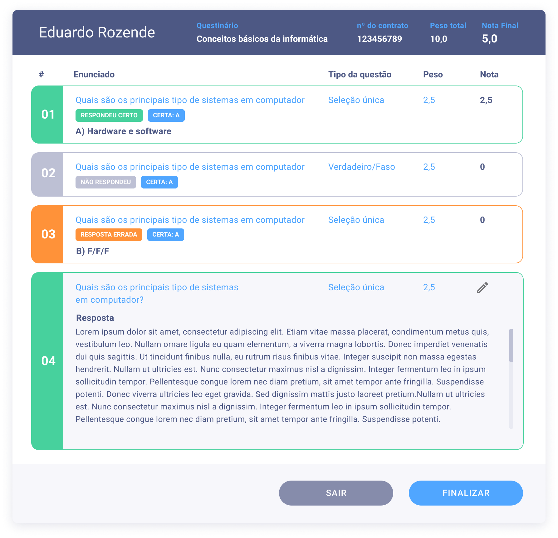 Tela de atividades do AVA F10 com upload e download de exercícios e controle de status.